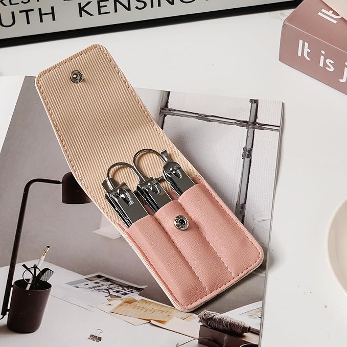 Premium Stainless Steel Nail Clippers Set - Travel Grooming Kit, 6pc Manicure/Pedicure Tools with PU Case - Unisex Gift for Men and Women(D-PinkA)