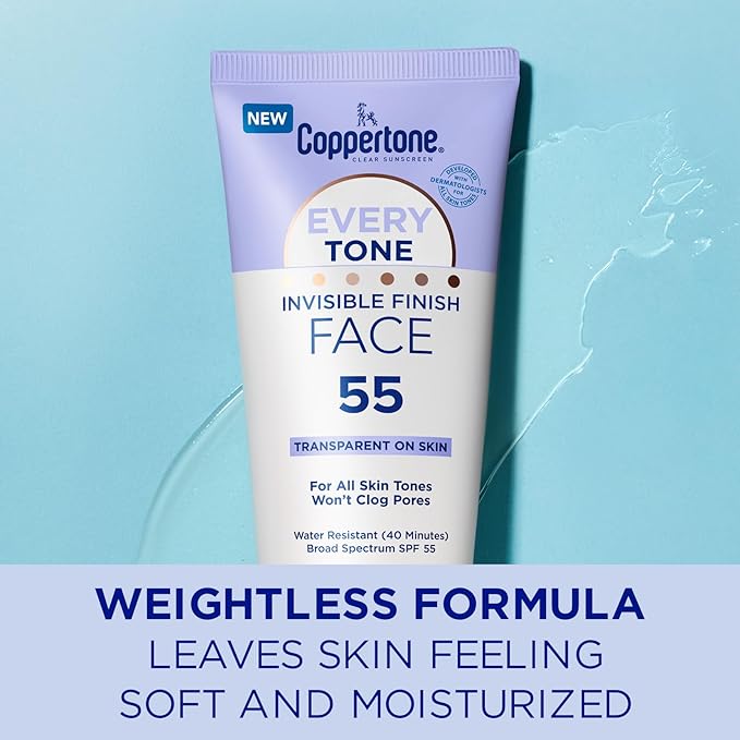 Coppertone Every Tone Invisible Finish Face Sunscreen SPF 55, Lightweight, Blends in Clear Sunscreen for All Skin Tones, 2 Fl Oz Tube