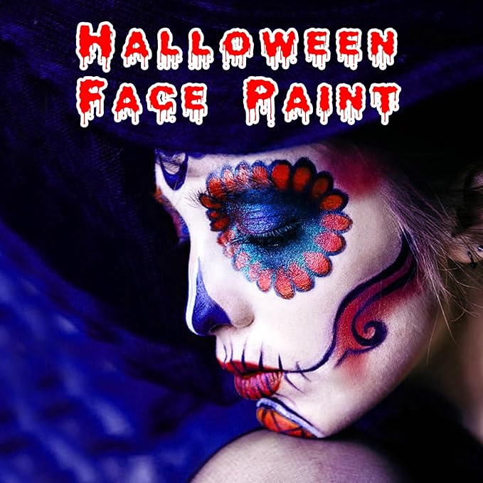 MEICOLY Red White Blue Face Body Paint with Setting Powder and Sponges,Water Based Face Paint for Halloween SFX Clown Devil Spiderman Cosplay Makeup,4th of July Body Paint