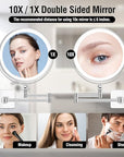10x Large Wall Mounted Makeup Mirrror, Height Adjustable Lighted Mirror, 8" Double Sided Mirror, 1X/10X Magnifying Bathroom Mirror, 360° Rotation Adjustable, Detachable Ring, 3 Color Lights