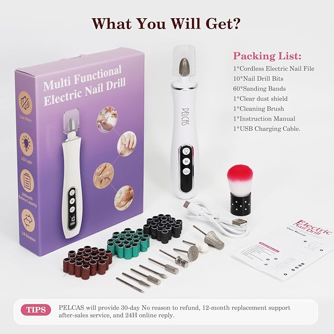 PELCAS Cordless Nail Drill, 10 Speeds Professional Electric Nail File with LED Light Portable Electric Toenail Files with LCD Screen for Thick Nails, Acrylic Nails, Polishing, Nail Art
