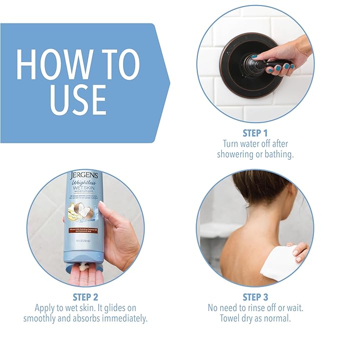 Jergens Wet Skin Body Moisturizer with Coconut Oil, In Shower Lotion for Dry Skin, Fast-Absorbing, Non-Sticky, Dermatologist Tested, 10 Oz, Pack of 3