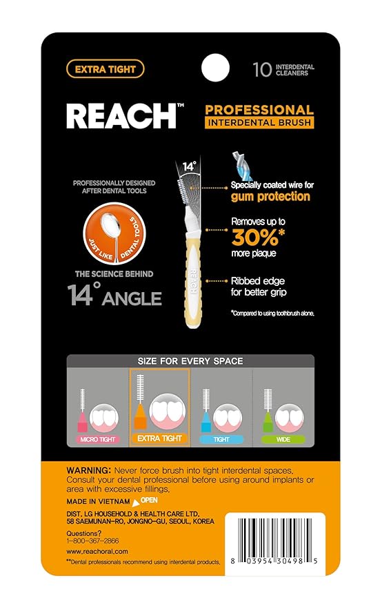 Reach Interdental Brush Cleaners, 0.7mm, Extra Tight, Sensitive Gum Protection, Plaque Remover for Teeth, Braces Flossers, Braces Brush, Dental Toothbrushes, Oral Care, 6 Pack, 10 Count