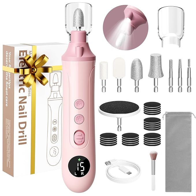 Professional Manicure Pedicure Electric Toenail Grinder Kit - Cordless Electric Nail File Set for Thick Nails Hand Feet Care ,15 Speed,Nail Drill with LED Display Ideal Gift for Men and Women-Pink