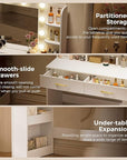 COMHOMA Vanity Desk with Lighted Mirror and Power Outlet, RGB LED Lights Makeup Vanity Set for Girls, Large Storage Capacity Dressing Table for Bedroom, 3 Lighting Modes Adjustable Brightness, White