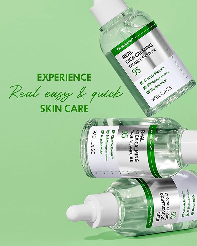 WELLAGE Real Cica Calming Trouble Ampoule - Korean Soothing Serum 95% Madecassoside, Rapid Soothing, Redness Relief, Sebum Control, Improves Freckles and Blemishes, for Acne-Prone Skin, 1.69 fl.oz