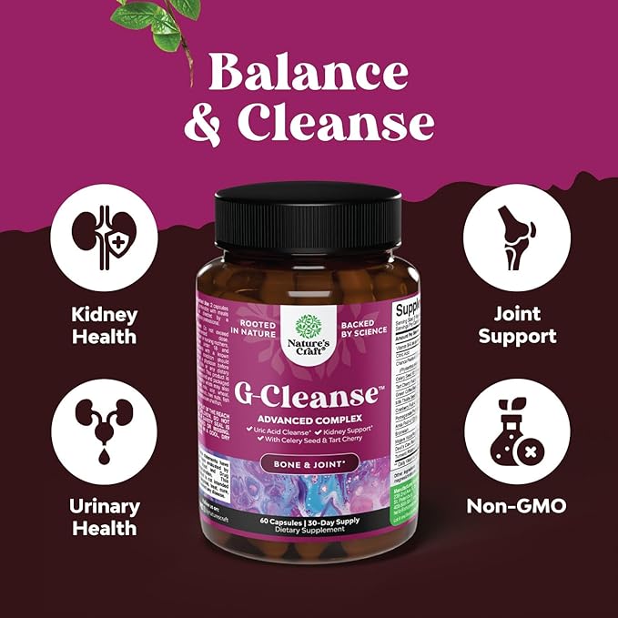 GCleanse Uric Acid Support Supplement - Uric Acid Cleanse Joint Support Supplement with Chanca Piedra Tart Cherry Celery Seed Extract and Bromelain - Herbal Liver and Kidney Cleanse Detox and Support