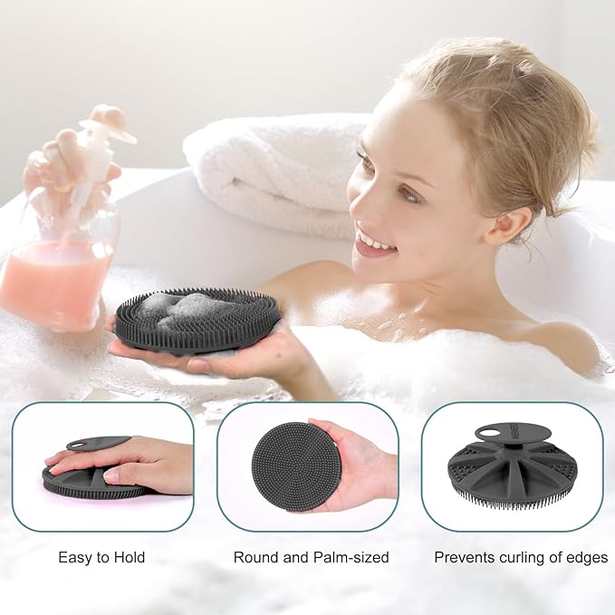 INNERNEED Food-Grade Soft Silicone Body Scrubber Shower Brush Handheld Cleansing Skin Brush, Gentle Exfoliating and Lather Well (Black+Gray)