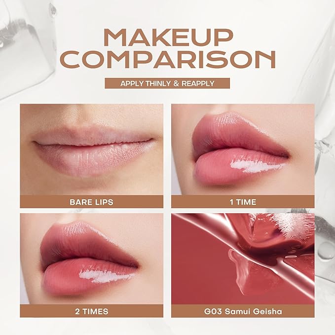 Mistine Lip Gloss Thai latte Long Lasting Lip Glaze Non-sticky Lip Tint Gloss with 1% Peptide Glossy Finish G03 Samui Geisha 0.1oz 1 Count