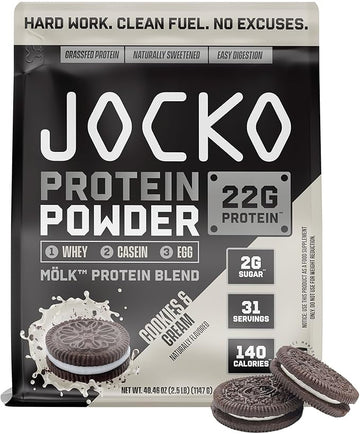 Jocko Mölk Whey Protein Powder - Keto, Probiotics, Grass Fed, Digestive Enzymes, Amino Acids, Sugar Free Monk Fruit Blend - Supports Muscle Recovery & Growth (2 LB, Cookies & Cream)