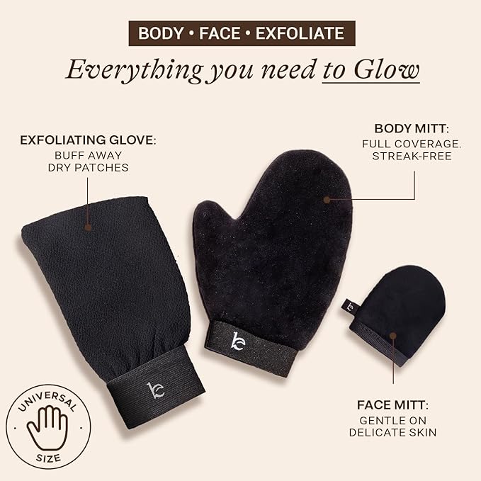 Self Tanning Mitt Applicator Set - 3 in 1 Ultra Soft Mitts, Exfoliating Glove, Face & Body Tanner Glove w/Thumb, for the Perfect Streak-Free Fake Tan, Velvety Soft Tanning Lotion Applicator, Reusable