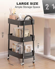 EAGMAK 3 Tier Rolling Cart, Large Metal Storage Cart with Handle and Lockable Wheels, Big Multifunctional Storage Organizer Trolley with Mesh Baskets for Kitchen, Living Room, Office, Garage (Black)