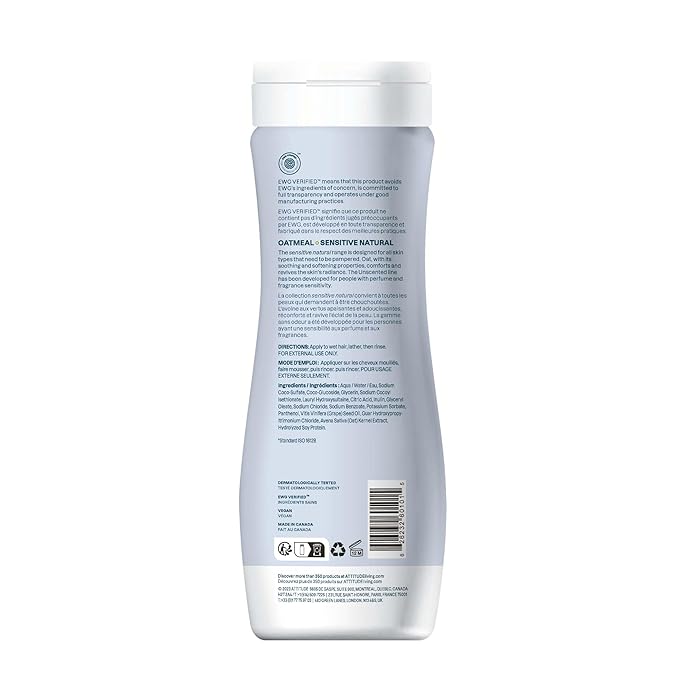 ATTITUDE Hair Shampoo for Sensitive Dry Scalp, EWG Verified, Soothing Oat, For Thin Hair, Naturally Derived Ingredients, Vegan and Plant-Based, Volume and Shine, Unscented, 16 Fl Oz