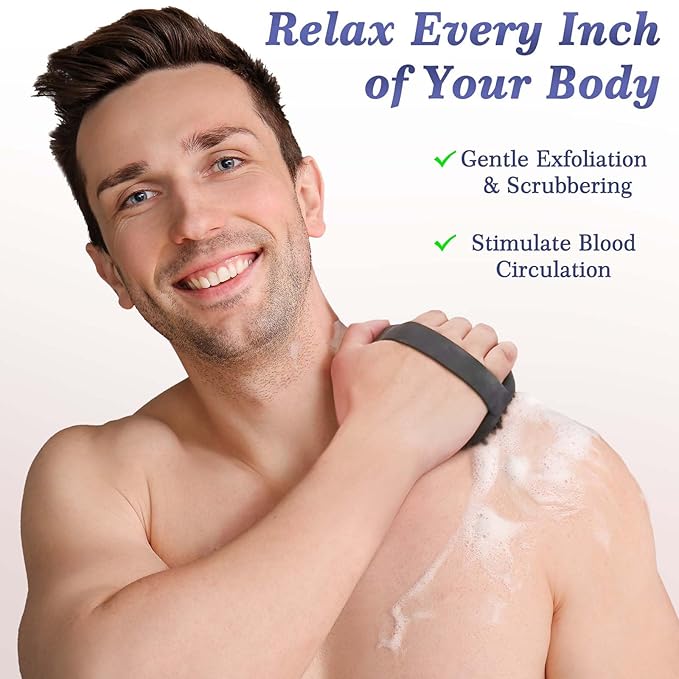 ManmiHealth Silicone Body Scrubber Shower Brush, Upgrade Super-Exfoliating Shower Scrubber with Non-Slip Hand Strap for All Skin Types, Silicone Body Buffer for Use in Shower with a Free Hook (Black)