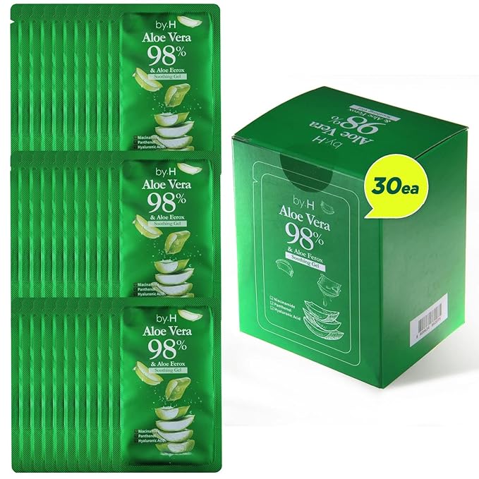 by.H Travel Size Aloe Vera Gel (30 Mini Packets) - TSA-Friendly Organic Soothing Gel for Face & Body - 98% Pure Aloe Gel Packets, Sunburn Relief, Non-Greasy, Portable Travel Packet, Made in Korea