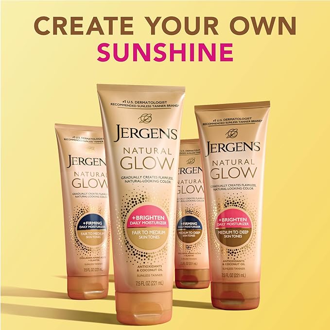Jergens Natural Glow Self Tanner Body Lotion, Sunless Tanning, Fair to Medium Skin Tone, Daily Moisturizer with Coconut Oil, Vitamin E and Antioxidants, 7.5 Oz