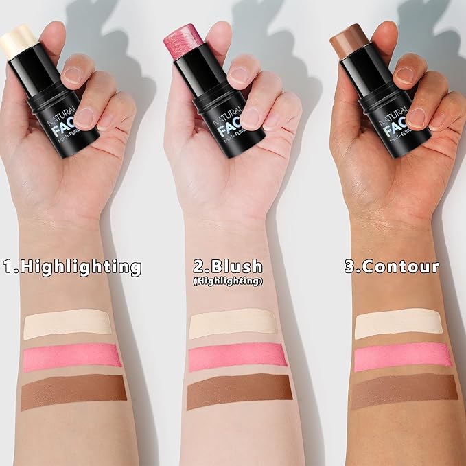 3Pcs Cream Contour Stick Makeup Kit, Shades with Highlighter, Blush and Bronzer Contour Stick for Sculpt the Cheeks, Long Lasting, Waterproof, Matte & Dewy Finish LIGHT(1+3+4)