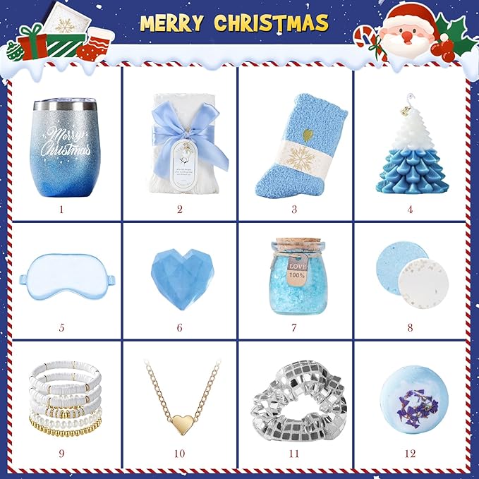 Advent Calendar 2025 Women-12 Days of Christmas Advent Calendars for Adult Women and Teen Girls, Luxury Spa Self Care Christmas Gifts Basket Countdown Calendar for Mom Wife Girlfriend Blue