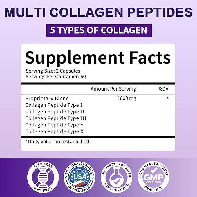 Multi Collagen Peptides Capsules 1800mg, Hydrolyzed Collagen Supplements for Women & Men with Types I, II, III, V & X, Collagen Protein Supports Skin Nails Bones & Joints | 120 Count