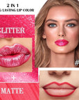 evpct Crushed Ruby Red Metallic Glitter Lip Liner and Lipstick Combo Lip Gloss Stain Set Makeup for Women Long Lasting Waterproof 24, Red Frosted Metallic Shimmer Glossy iridescent Liquid Lipstick 18