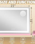 FENNIO Vanity Mirror with Lights 23"x18", Lighted Makeup Mirror, Large Vanity Mirror, Touch Sensor with 3-Color Lighting, 10X Magnification and USB Charging Port for Vanity Desk（Square Pink）