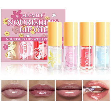 Hydrating Lip Oil，4PCS Fruit Transparent Lip Gloss Set，Big Brush Shiny Transparent Korean Lip Gloss Plumping，Non-sticky Tinted Toot Lip Balm for Lip Care，Repairing Primer Lip Oil Care Product