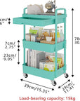 Calmootey 3-Tier Rolling Utility Cart with Drawer,Multifunctional Storage Organizer with Plastic Shelf & Metal Wheel,Storage Cart for Kitchen,Bathroom,Living Room,Office,Green