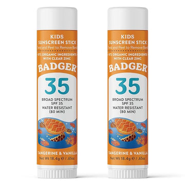 Badger Mineral Kids Sunscreen Face Stick SPF 35, Zinc Oxide Travel Size Sunscreen Stick for Kids, 97% Organic Ingredients, Reef Safe, Water Resistant, .65 oz, 2-Pack