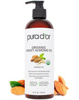 PURA D'OR 16 Oz ORGANIC Sweet Almond Oil - 100% Pure & Natural USDA Certified Cold Pressed Carrier Oil For DIY Beauty - Non-Greasy, Unscented, Hexane Free Moisturizer - Massage Oil For Hair & Skin