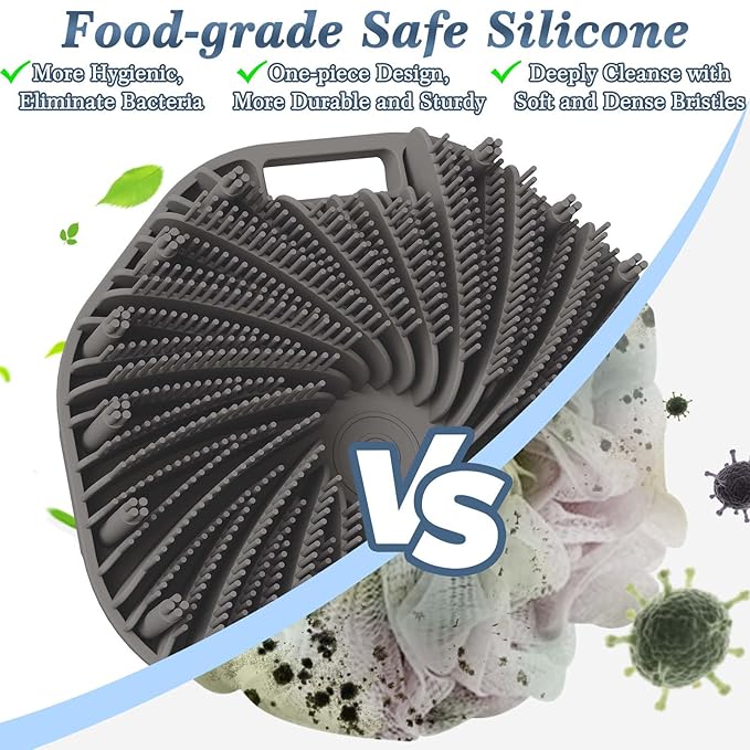 ManmiHealth Silicone Body Scrubber Shower Brush, Upgrade Super-Exfoliating Shower Scrubber with Non-Slip Hand Strap for All Skin Types, Silicone Body Buffer for Use in Shower with a Free Hook (Gray)
