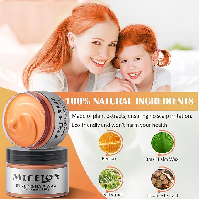 Orange Temporary Hair Color Wax, Instant Natural Hairstyle Cream Dye, Washable Styling Pomadesfor Men Girls Women Youth, Disposable Coloring Mud for Party Cosplay DIY Halloween