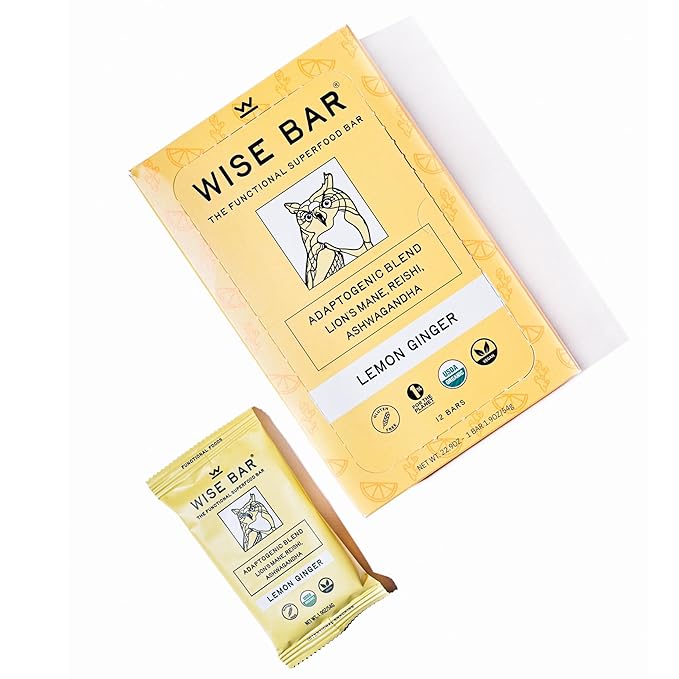 Wise Bar Adaptogen Mushroom Nutrition Bars | Lemon Ginger Flavor | 12 Count | Functional Mushrooms and Adaptogens Bar | Organic Nutrition Energy Bars, Vegan, Gluten Free