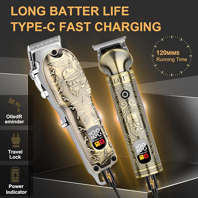 LQT® Professional Hair Clippers for Men - Cordless Electric Hair Trimmer & Beard Shaver Kit with Stainless Steel Blades, 12 Guide Combs (1-15mm), Type-C Charging Trimming & Fading