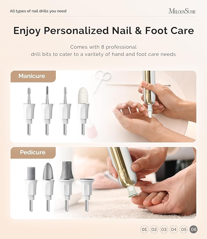 MelodySusie Professional Manicure Pedicure Kit,8-in-1 Electric Nail Drill Set with 5 Speeds,Rechargeable Cordless E-File with 360° LED Light,Perfect Hand Foot Care Trimmer Polish Tools - PC760G