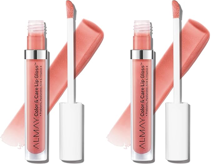 Almay Color & Care Hydrating Lip Gloss, Soft Natural Hues, Prebiotic Complex, Hyaluronic Filling-Sphere Technology, 400 Peachy Sky, 0.1 Fl Oz (Pack of 2)