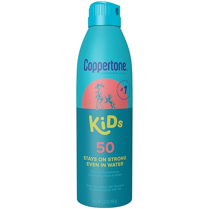Coppertone Kids Sunscreen Spray SPF 50, Water Resistant Spray Sunscreen for Kids, Free From Oxybenzone, Octinoxate, PABA and Dyes, Pediatrician Recommended Sunblock, 5.5 Oz Can, Pack of 3