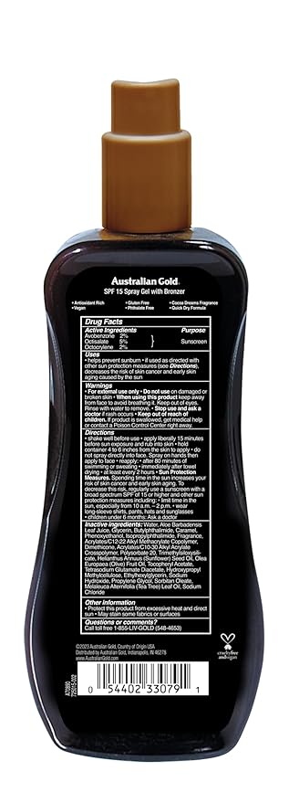 Australian Gold Spray Gel Sunscreen with Instant Bronzer SPF 15, 8 Ounce | Moisturize & Hydrate Skin | Broad Spectrum | Water Resistant | Non-Greasy SPF 15 8 Fl Oz (Pack of 1)