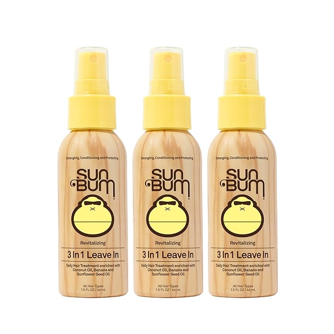 Sun Bum Revitalizing 3 in 1 Leave In Conditioner - Anti Frizz Detangler - Color Friendly with UV Protection - Enriched with Coconut Oil and Banana - 1.5 oz (Pack of 3)