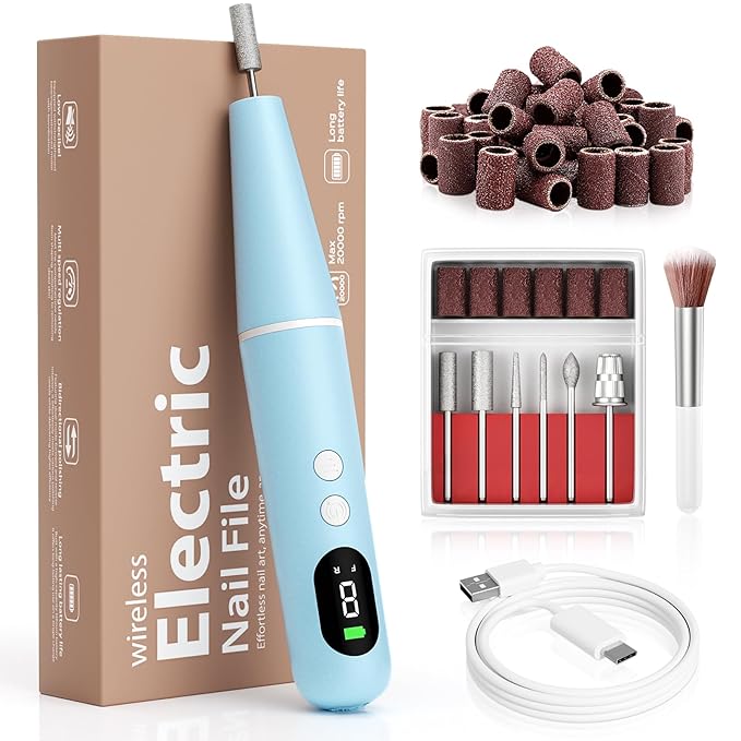 Electric Nail Drill Kit Professional - 9 Speed Cordless Electric Nail File with LED Display, Portable Nail Drill Machine for Acrylic Gel Nails, Hand Feet Trimmer Buffer Tool for Women Men Baby Blue