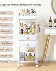 Floor Makeup Organizer with Lockable Wheels & 8 Dividers, 2-Drawer Rolling Skincare Cart for Cosmetics/Perfume/Nail Polish, Mobile Vanity Storage - White (Bathroom/Bedroom Use)