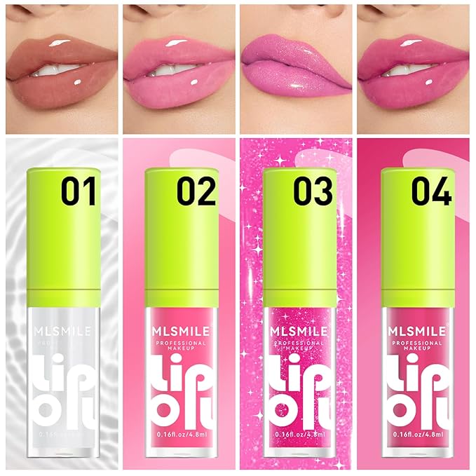4 Colors Fat Lip Oil Set, Big Brush Head Hydrating Lip Glow Oil Lip Plumper Gloss, Shiny Transparent Lip Gloss Tinted Plumping Lip Oils, Non-sticky Long Lasting Fresh Clear Smooth Lip Care - A