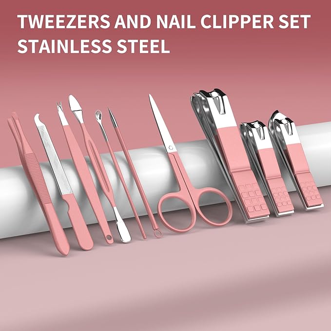 ZIZZON Travel Mini Manicure Set Nail Clipper Set 10 in 1 Stainless Steel Pedicure Care Grooming kit with Case Pink