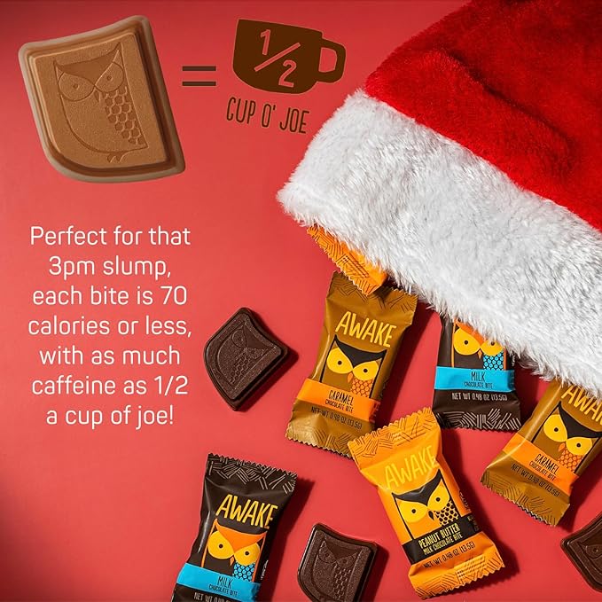 AWAKE - Caffeinated Chocolate Bites - Coffee Alternative - 50mg Caffeine - Energy Bars - Low-Calorie Snacks - Peanut Butter, Milk & Caramel Holiday Variety Pack - 50 Bites
