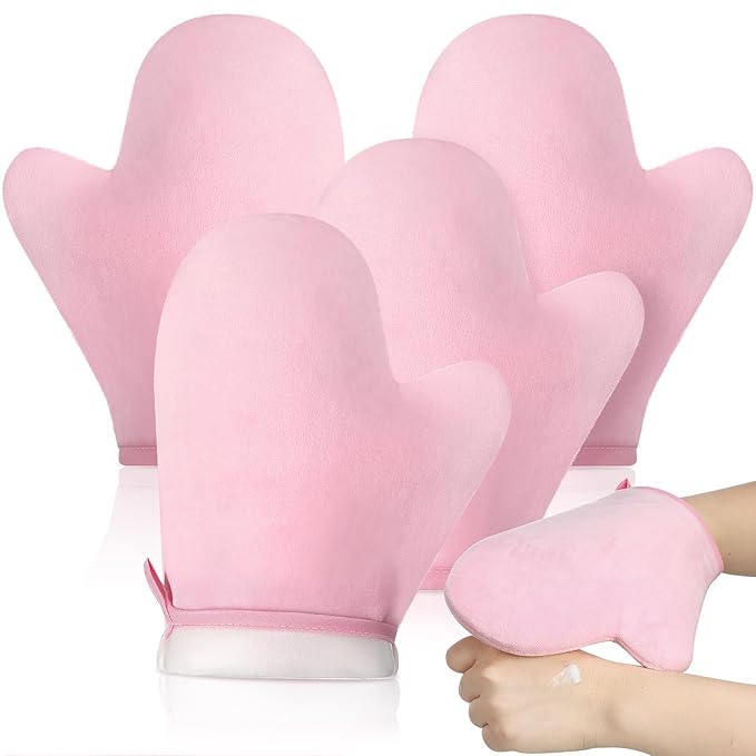 SATINIOR 4 Packs Self Tanning Mitt Applicators Double Sided Sunless Tanning Mittens Reusable Applicator Mittens Tanner Gloves with Thumb(Pink)