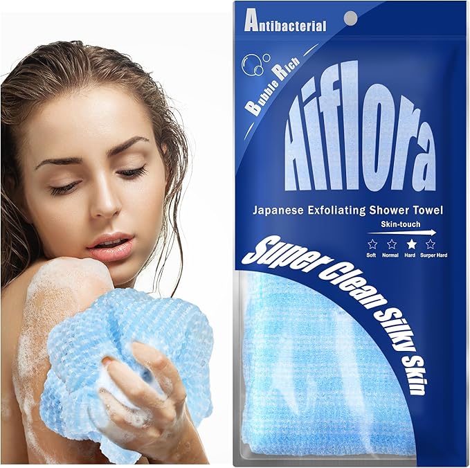 3D Wave Weave Japanese Exfoliating Washcloth, Deep Exfoliating Back Scrubber for Shower, Firm Body Scrub Towel, Korean Style, Ocean (Hard)