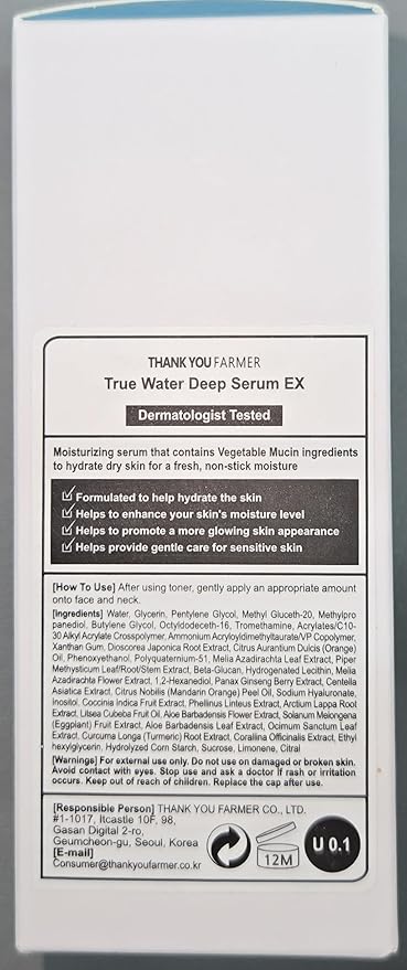 THANKYOU FARMER True Water Deep Serum EX 2.11 Fl Oz (60ml) - Korean Hyaluronic Acid Serum for Face, Phyto Mucin Essence, Hydrating Serum, Korean Serum, Dermatologist-tested