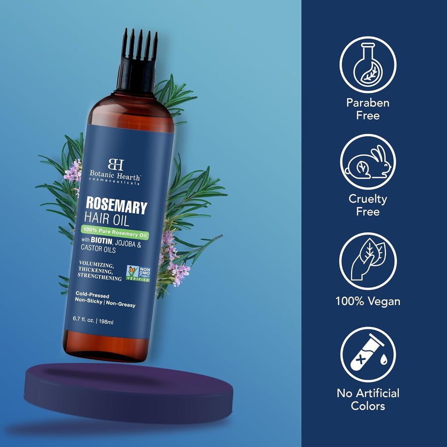 Botanic Hearth 100% Pure Rosemary Oil For Hair Growth (6.7 fl oz) Infused With Biotin, Jojoba & castor Oil | Nourishing & Volumizing | Non GMO Verified