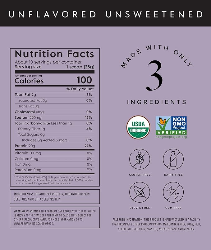 Truvani Vegan Pea Protein Powder | Unflavored | 20g Organic Plant Based Protein | 10 Servings | Keto | Gluten & Dairy Free | Low Carb | No Added Sugar