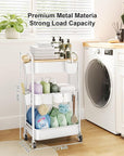3 Tier Rolling Cart Metal with Wheels and Bamboo Table Top, Art Cart Organizer on Wheels, White Three Tiered Storage Utility Carts for Craft, Baby, Diaper Caddy,Coffee,Kitchen,Cleaning,Office Supplies