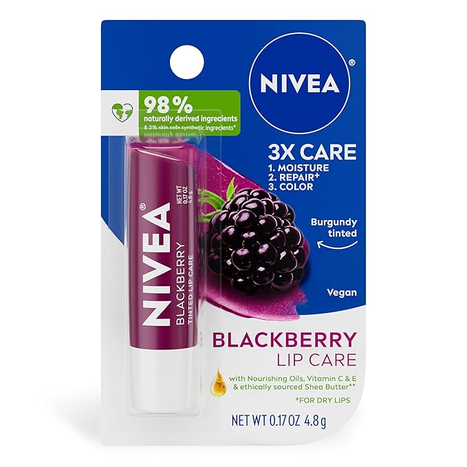 NIVEA Blackberry Lip Care, Tinted Lip Balm with Shea Butter, Nourishing Oils and Vitamin C & E, 3-in-1 Moisture, Repair (for Dry Lips) and Color, 0.17 Oz Stick